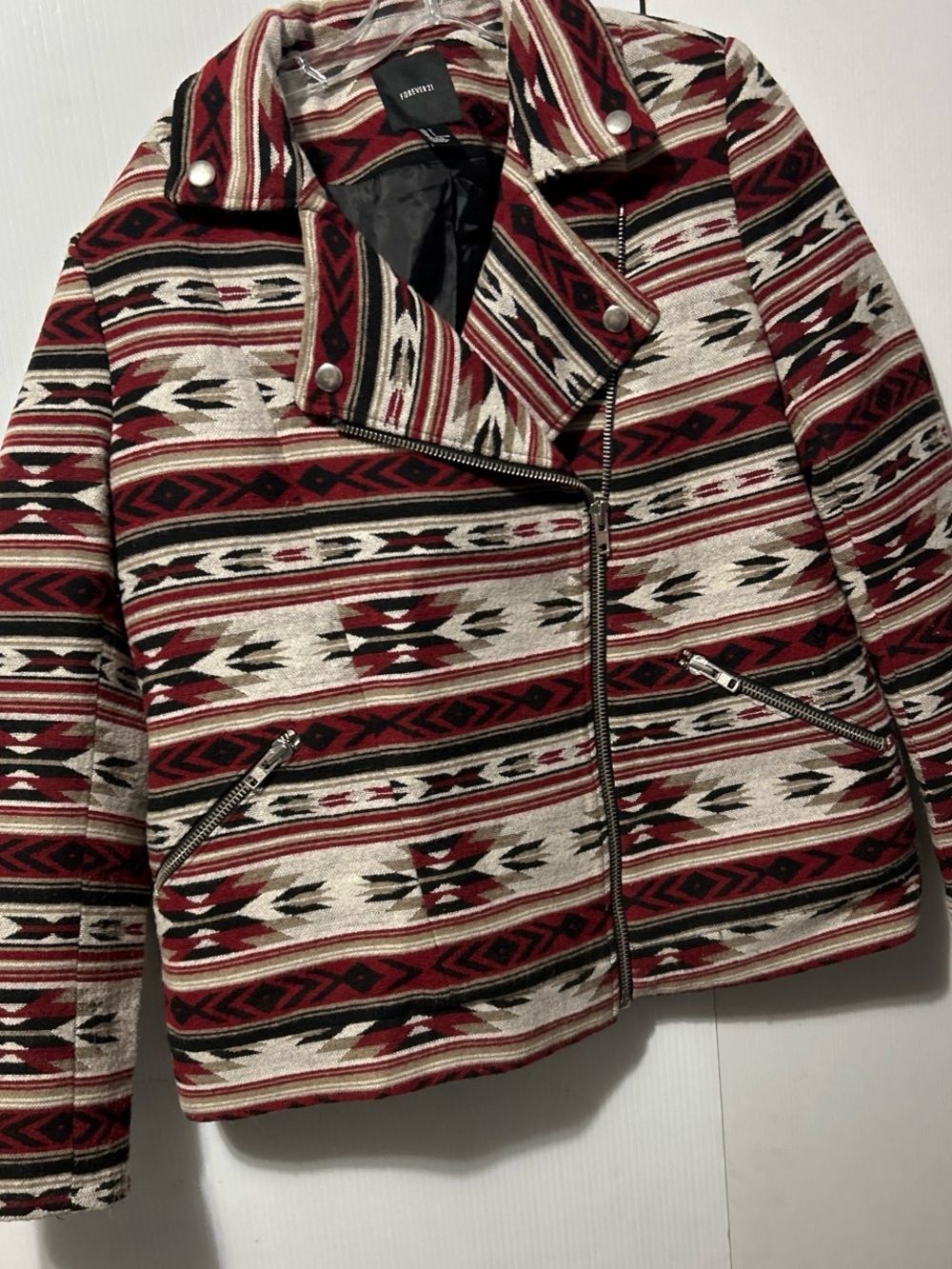 Forever 21 Red, Black & Cream Aztec Moto Jacket